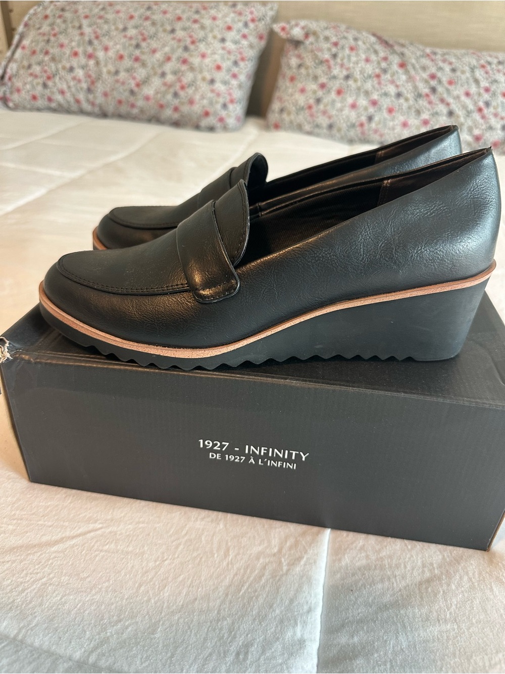 Naturalizer Black Wedge Penny Loafers with Tan Trim